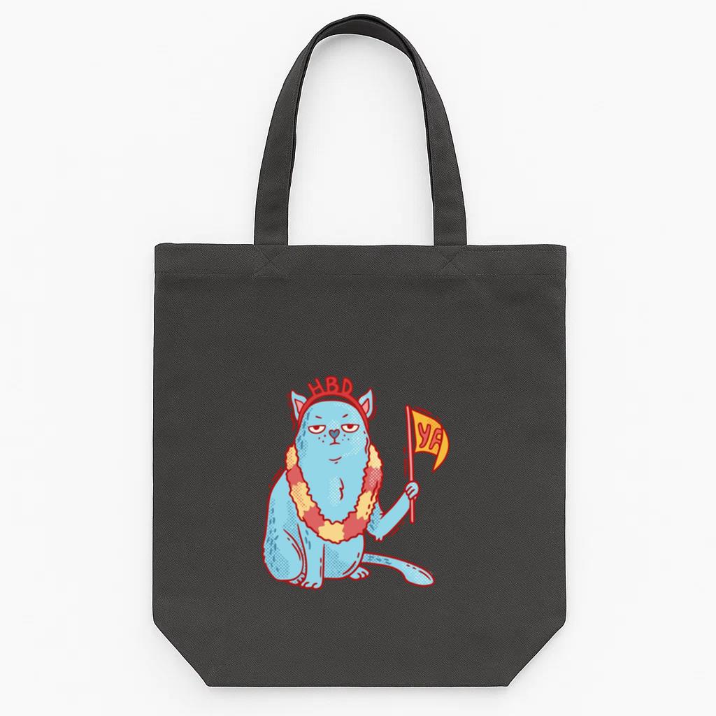 Blue Cat Wearing A Hawaiian Lei And Holding A Flag Tote Canvas Bag