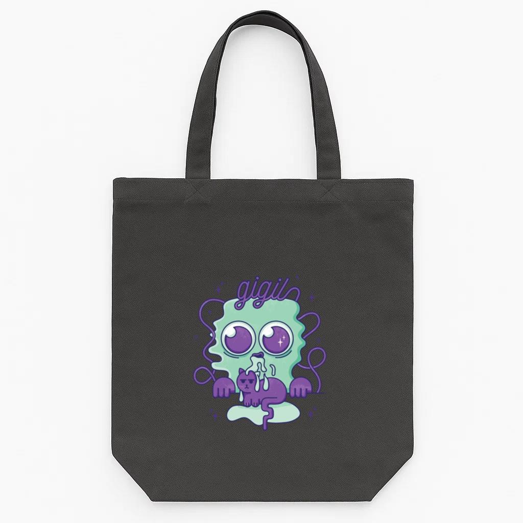 Cartoon Of A Green And Purple Monster With A Cat On It Tote Canvas Bag