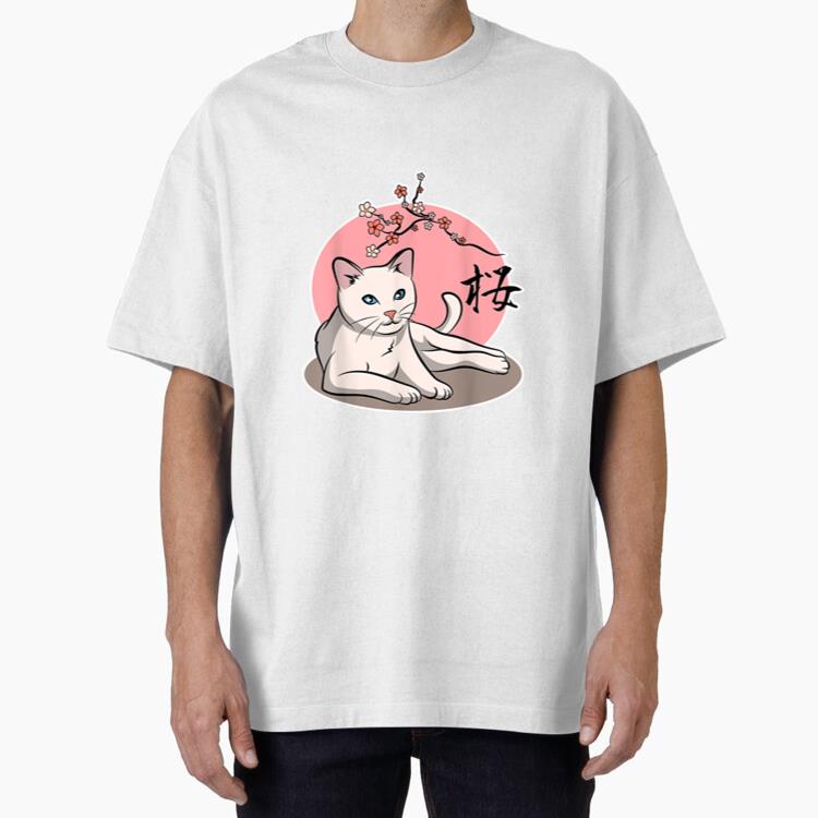 Cat Sakura Cherry Blossoms Oversized T-Shirt