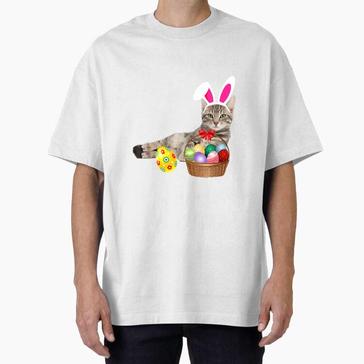 Easter Cat Funny Bunny Ears Eggs Oversized T-Shirt