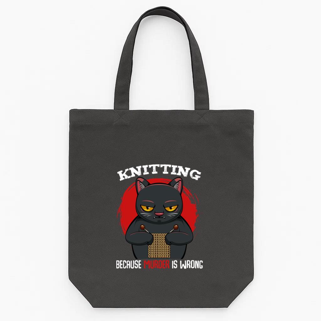 Knitting Because Murder Is Wrong Black Cat Tote Canvas Bag