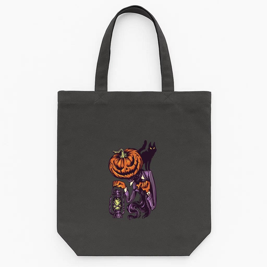 Pumpkin Monster Black Cat Character Tote Canvas Bag