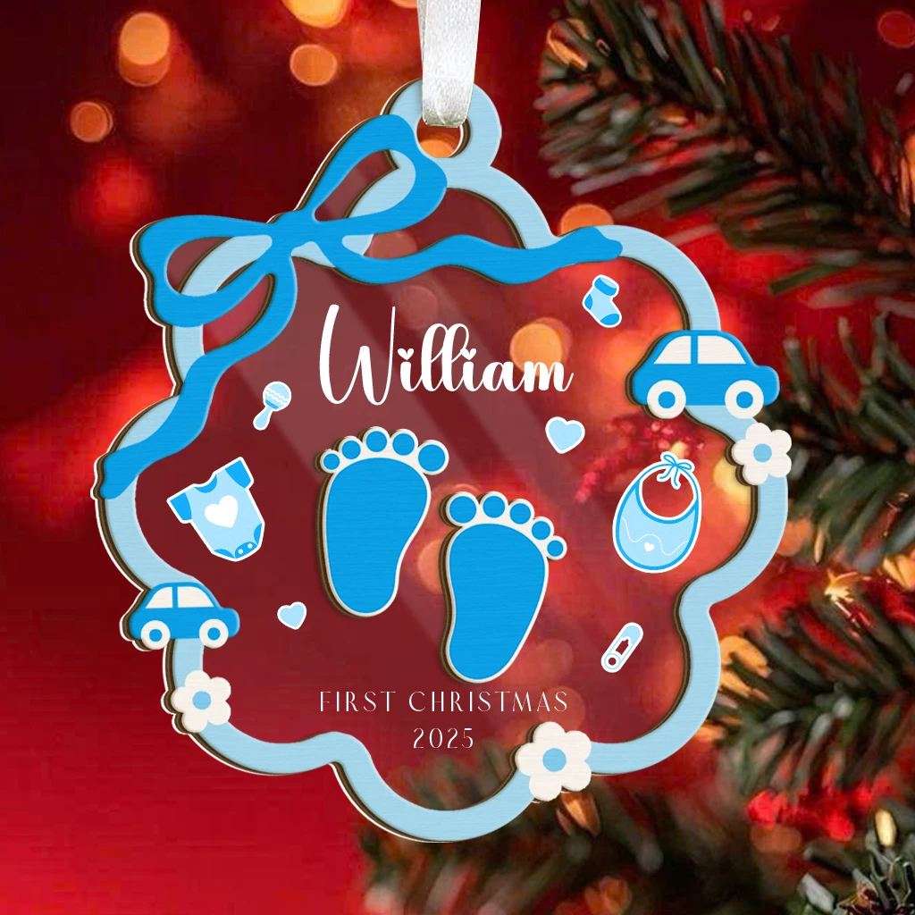 Custom Baby Boy First Christmas Footprint Ornament | Layered Wooden & Acrylic Keepsake | Perfect and Unique Christmas Ornament - Image 6