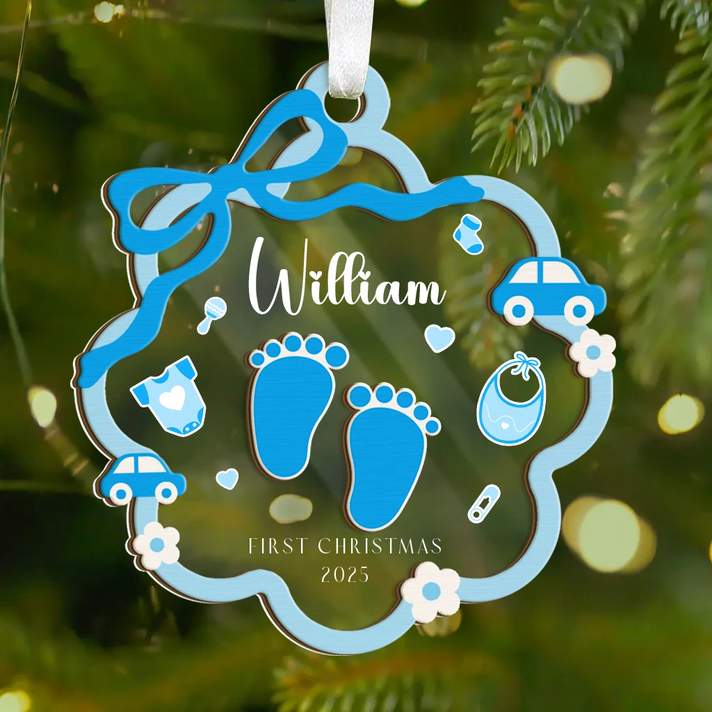 Custom Baby Boy First Christmas Footprint Ornament | Layered Wooden & Acrylic Keepsake | Perfect and Unique Christmas Ornament - Image 4