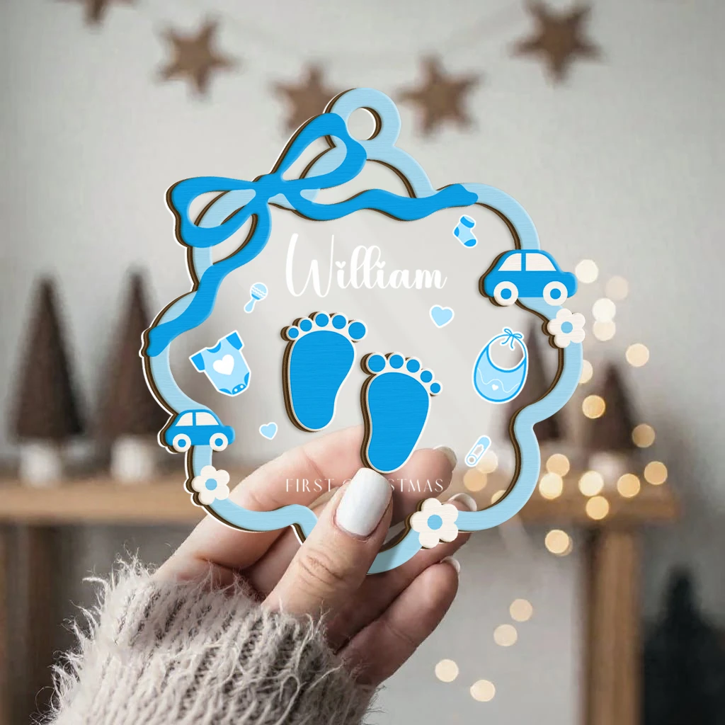 Custom Baby Boy First Christmas Footprint Ornament | Layered Wooden & Acrylic Keepsake | Perfect and Unique Christmas Ornament - Image 5