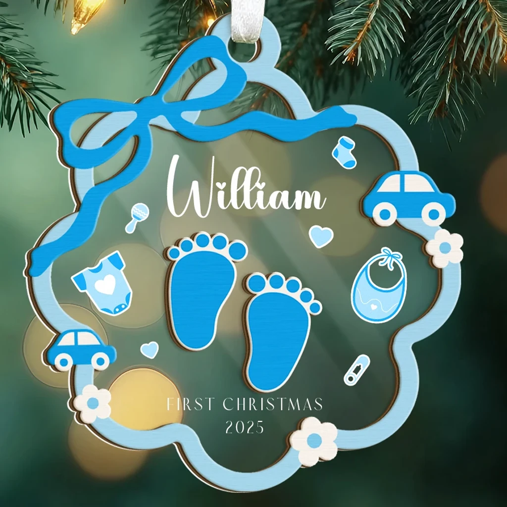 Custom Baby Boy First Christmas Footprint Ornament | Layered Wooden & Acrylic Keepsake | Perfect and Unique Christmas Ornament