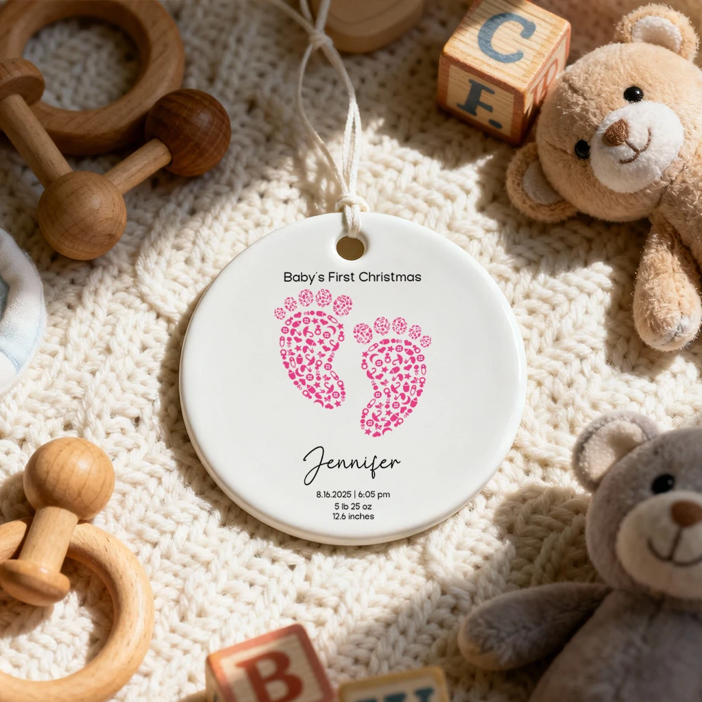 Custom Baby First Christmas Footprint Ornament | Birth Stats Heirloom Keepsake | Baby Girl & Boy Christmas Ornament - Image 9