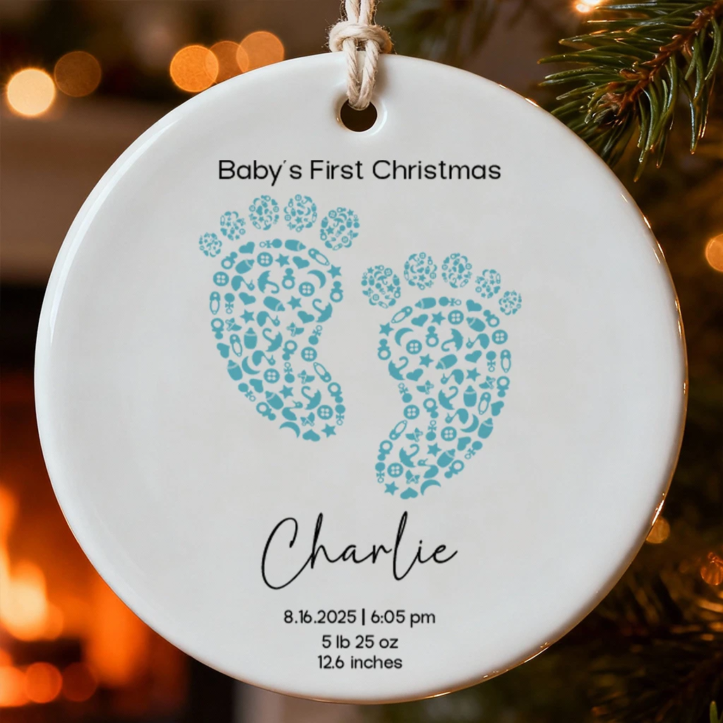 Custom Baby First Christmas Footprint Ornament | Birth Stats Heirloom Keepsake | Baby Girl & Boy Christmas Ornament - Image 7