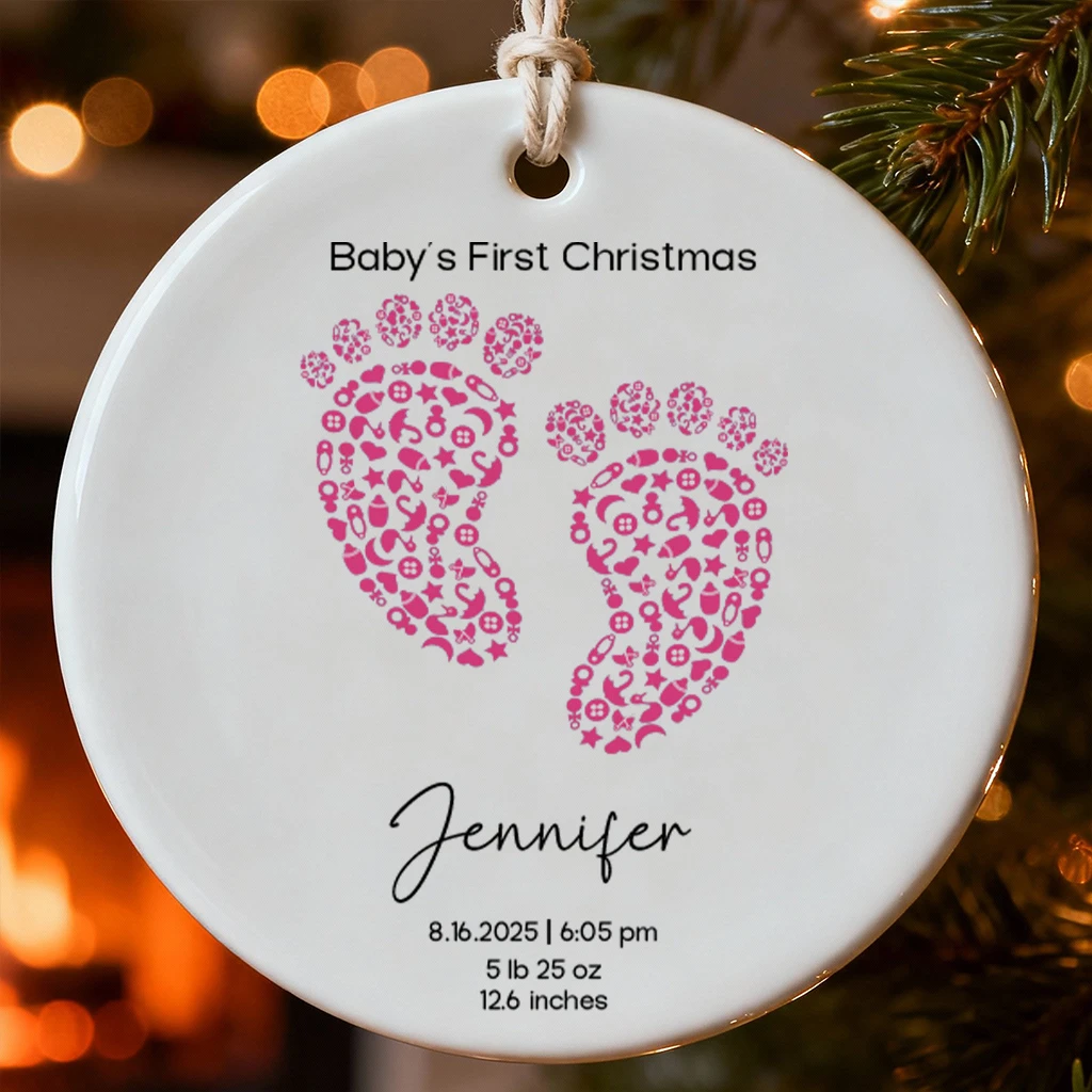 Custom Baby First Christmas Footprint Ornament | Birth Stats Heirloom Keepsake | Baby Girl & Boy Christmas Ornament