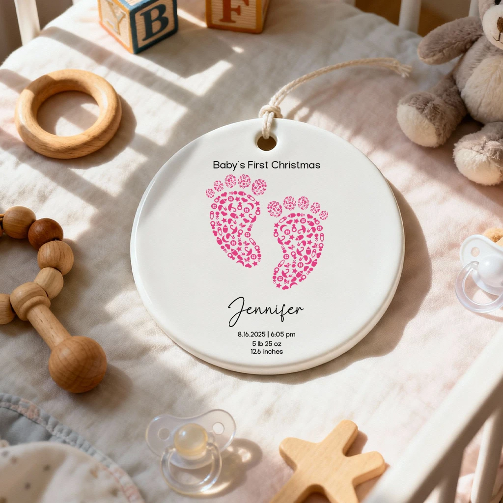 Custom Baby First Christmas Footprint Ornament | Birth Stats Heirloom Keepsake | Baby Girl & Boy Christmas Ornament - Image 6