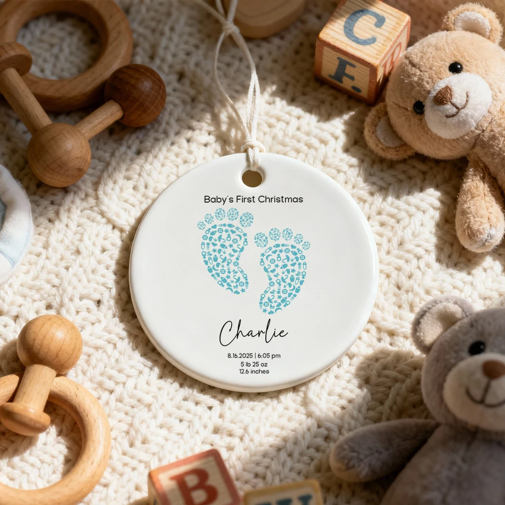 Custom Baby First Christmas Footprint Ornament | Birth Stats Heirloom Keepsake | Baby Girl & Boy Christmas Ornament - Image 3