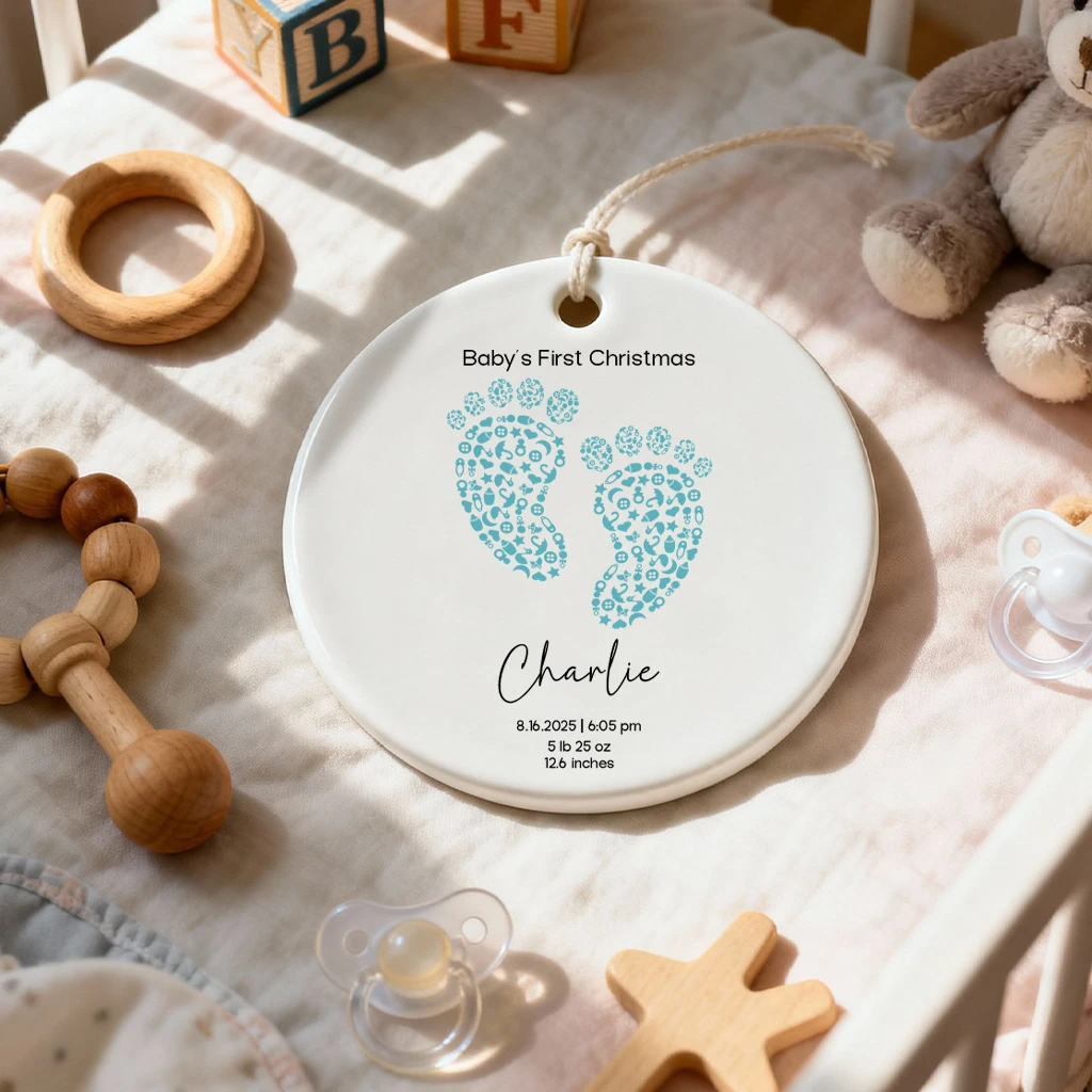 Custom Baby First Christmas Footprint Ornament | Birth Stats Heirloom Keepsake | Baby Girl & Boy Christmas Ornament - Image 4