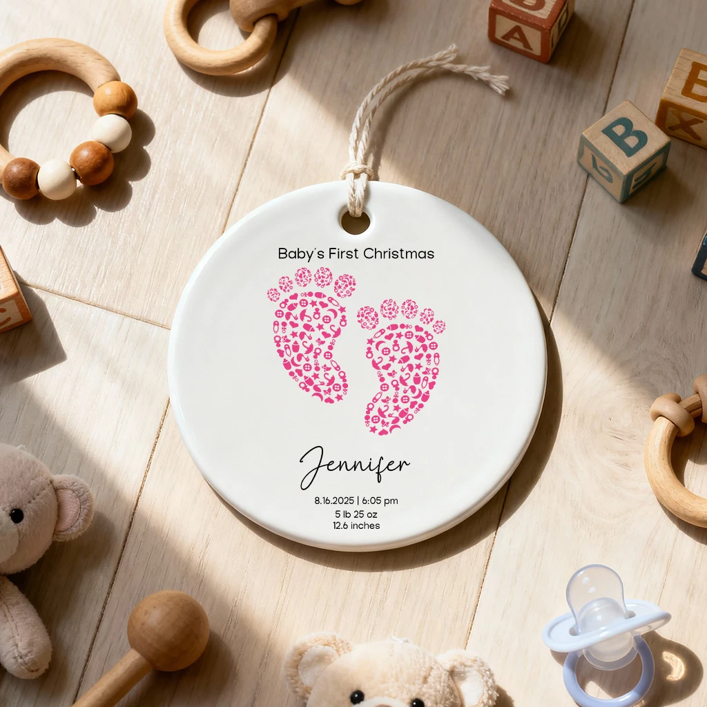 Custom Baby First Christmas Footprint Ornament | Birth Stats Heirloom Keepsake | Baby Girl & Boy Christmas Ornament - Image 2