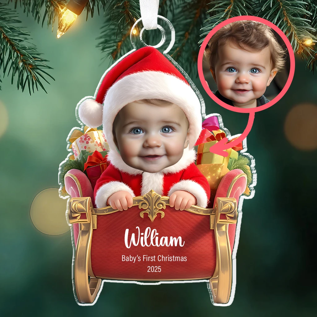 Custom Photo Baby First Christmas Sleigh Ornament | Personalized Face Keepsake | Perfect Christmas Decoration 2025