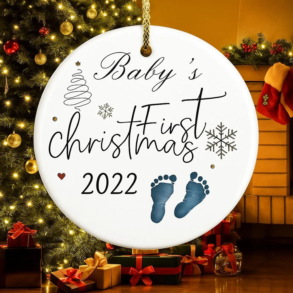 Baby Footprints Newborn Christmas Ornaments | Holiday Keepsake | Ceramic Tree Decoration - Image 2