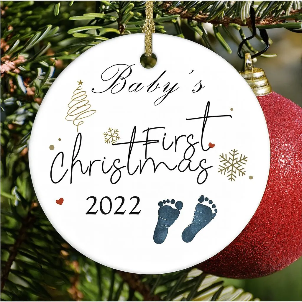 Baby Footprints Newborn Christmas Ornaments | Holiday Keepsake | Ceramic Tree Decoration