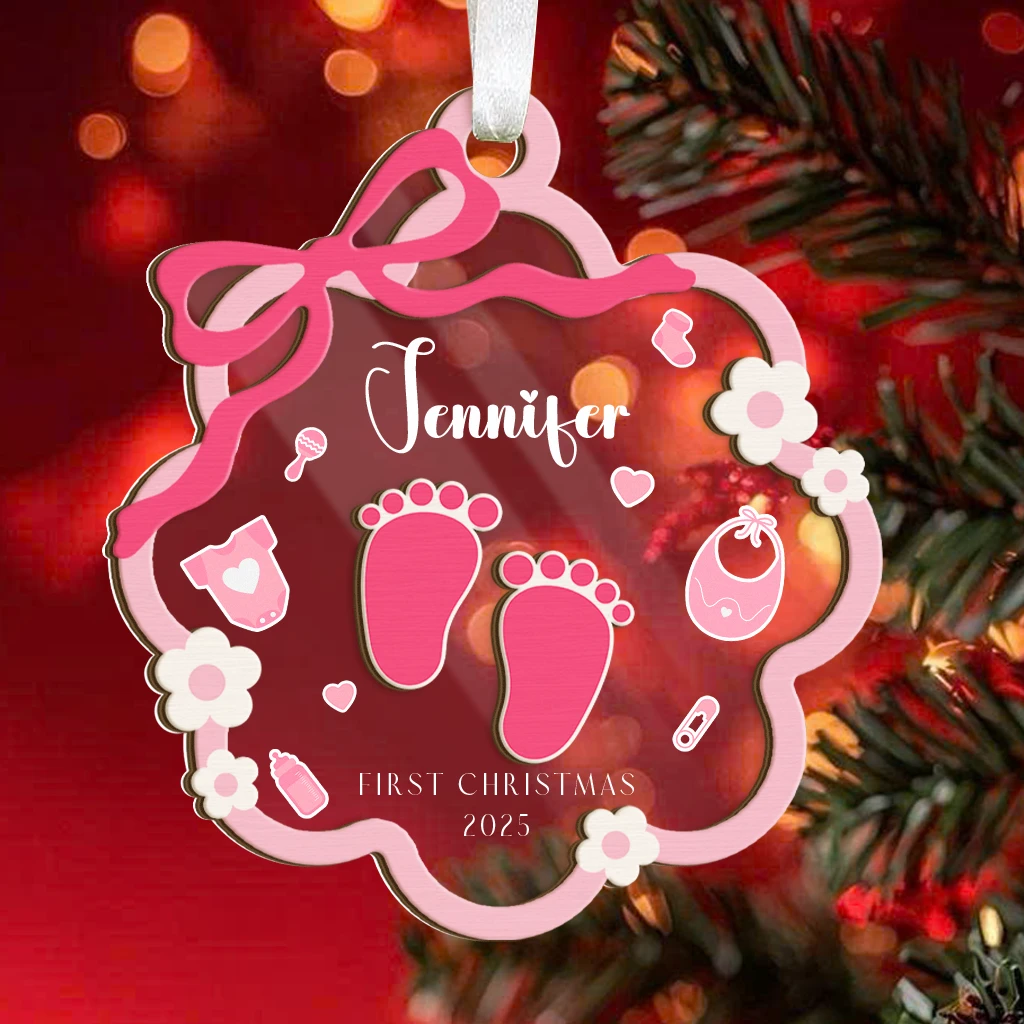 Custom Baby Girl First Christmas Footprint Ornament | Layered Wooden & Acrylic Keepsake - Image 7