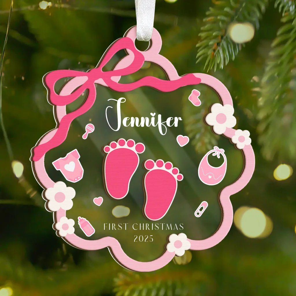 Custom Baby Girl First Christmas Footprint Ornament | Layered Wooden & Acrylic Keepsake - Image 5