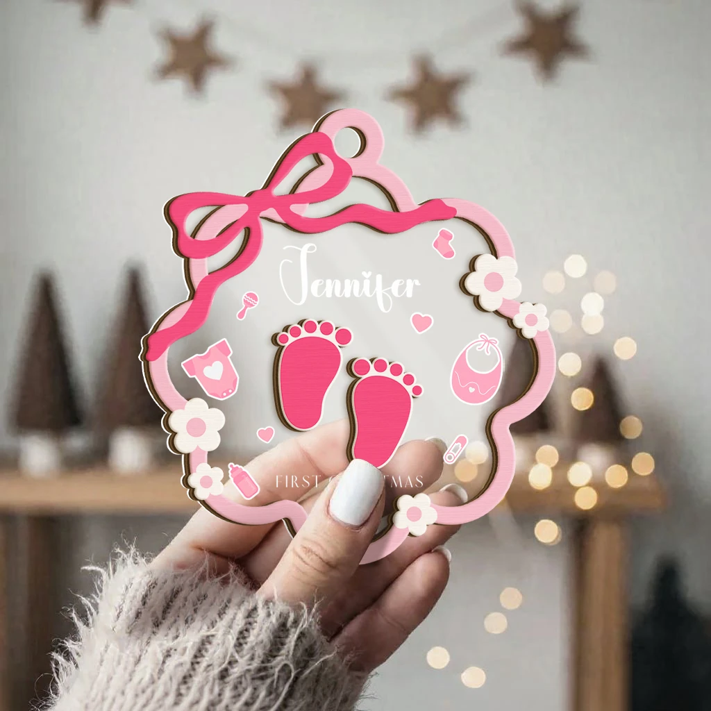 Custom Baby Girl First Christmas Footprint Ornament | Layered Wooden & Acrylic Keepsake - Image 6