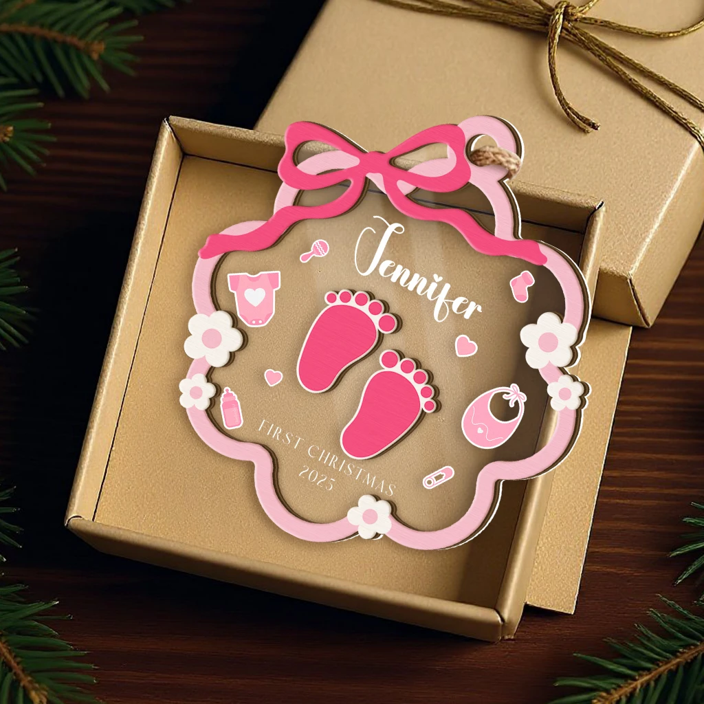 Custom Baby Girl First Christmas Footprint Ornament | Layered Wooden & Acrylic Keepsake - Image 3