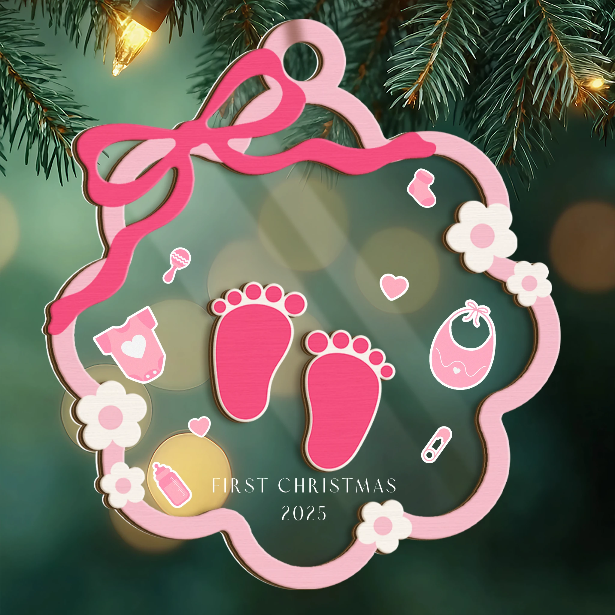 Custom Baby Girl First Christmas Footprint Ornament | Layered Wooden & Acrylic Keepsake - Image 4