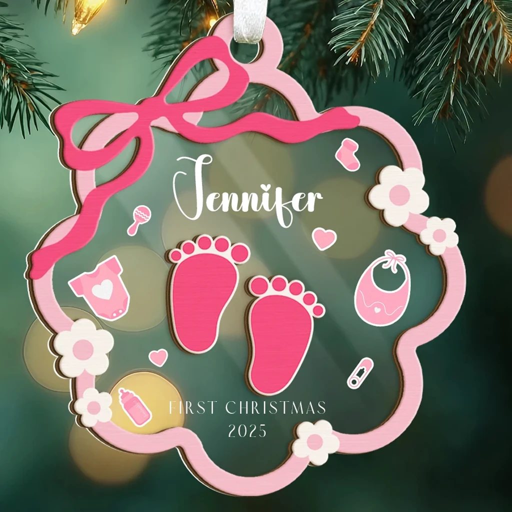 Custom Baby Girl First Christmas Footprint Ornament | Layered Wooden & Acrylic Keepsake