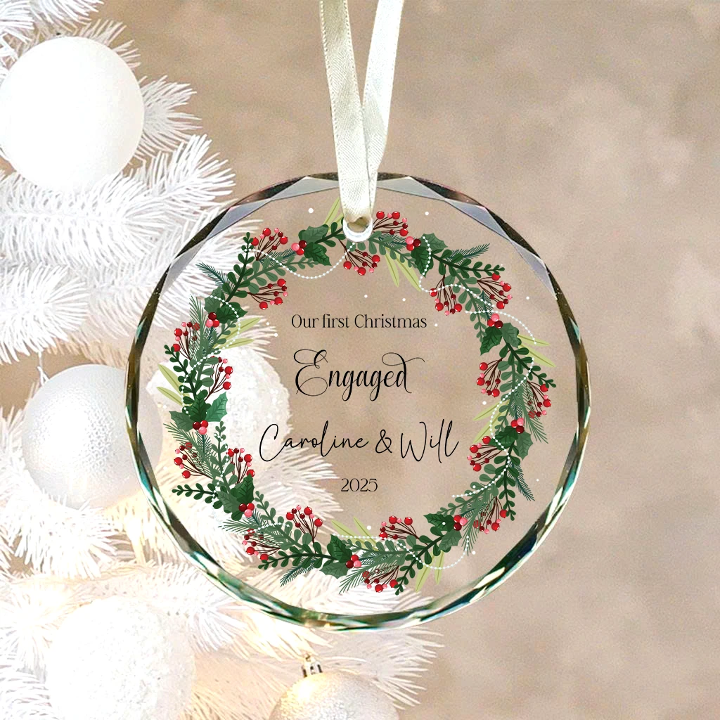 Custom Holly & Berries Engagement Ornament | Personalized Couple Name & Year Gift | Christmas Engaged Decor - Image 3