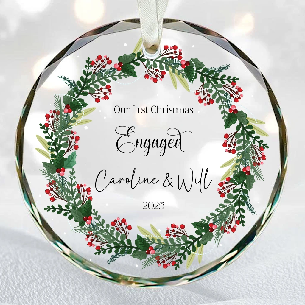 Custom Holly & Berries Engagement Ornament | Personalized Couple Name & Year Gift | Christmas Engaged Decor