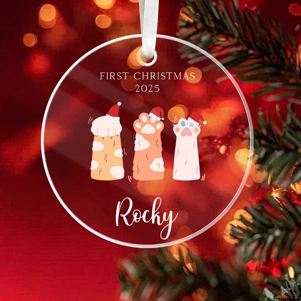 Cat First Christmas Paw Print Acrylic Ornament | Adorable Pet Keepsake | Perfect Christmas Decoration - Image 2