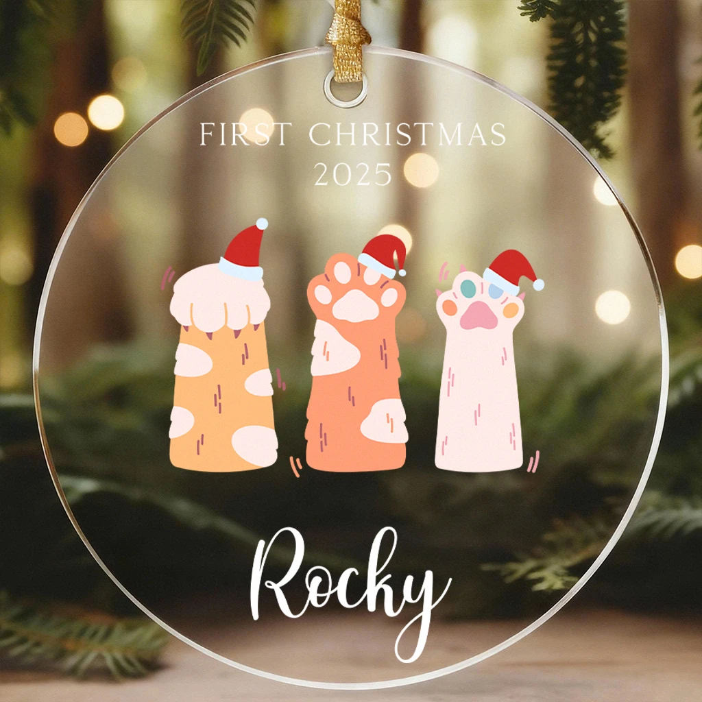 Cat First Christmas Paw Print Acrylic Ornament | Adorable Pet Keepsake | Perfect Christmas Decoration