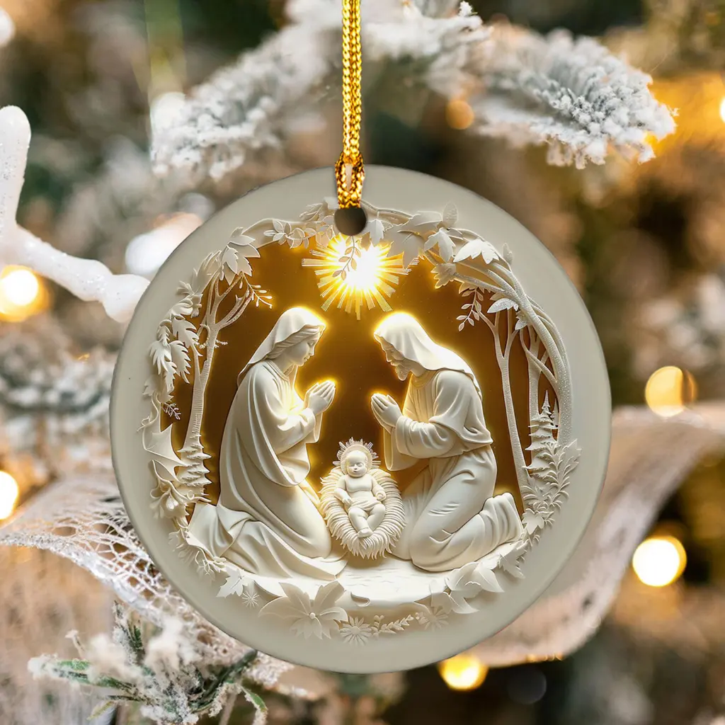 Christian Christmas Decor | Nativity Scene Ornament in Faux Stained Ceramic | Holy Family Tree Hanger & Religious Gift - Image 2