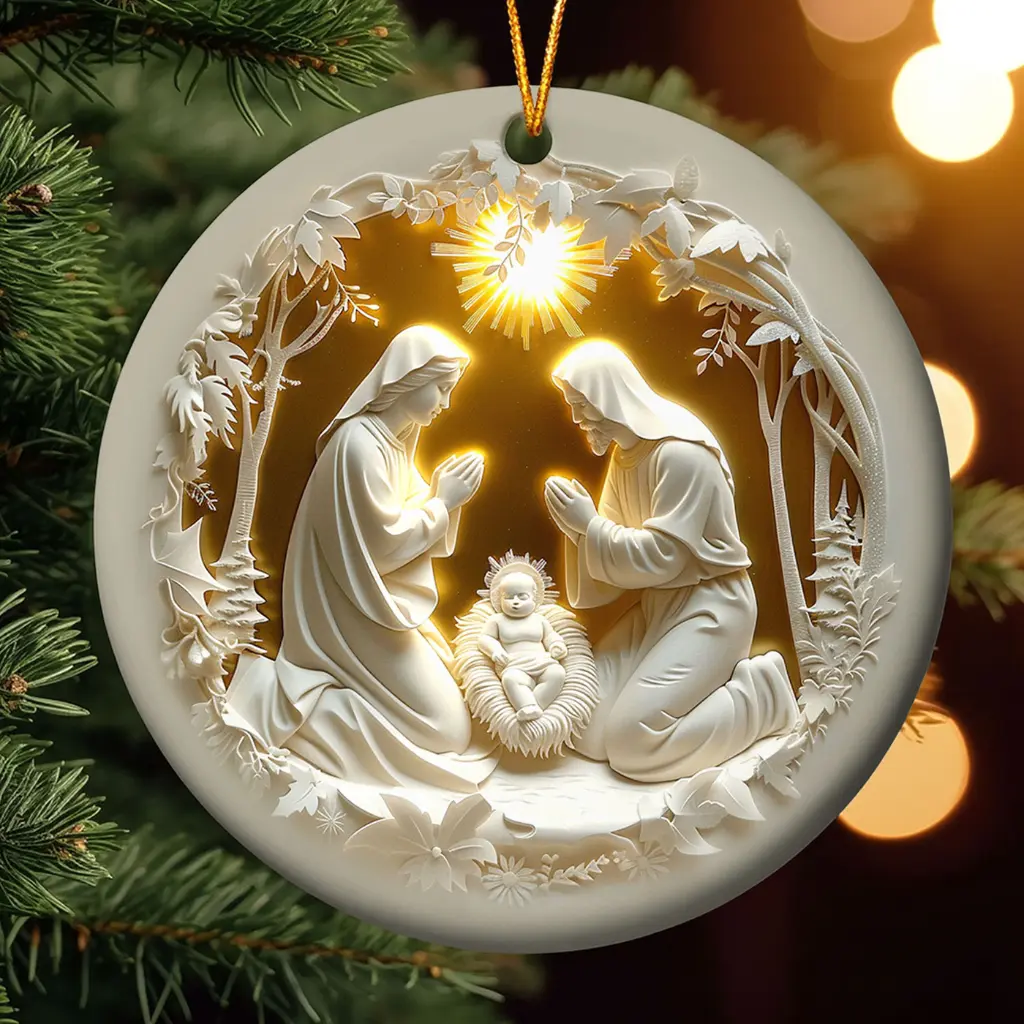 Christian Christmas Decor | Nativity Scene Ornament in Faux Stained Ceramic | Holy Family Tree Hanger & Religious Gift