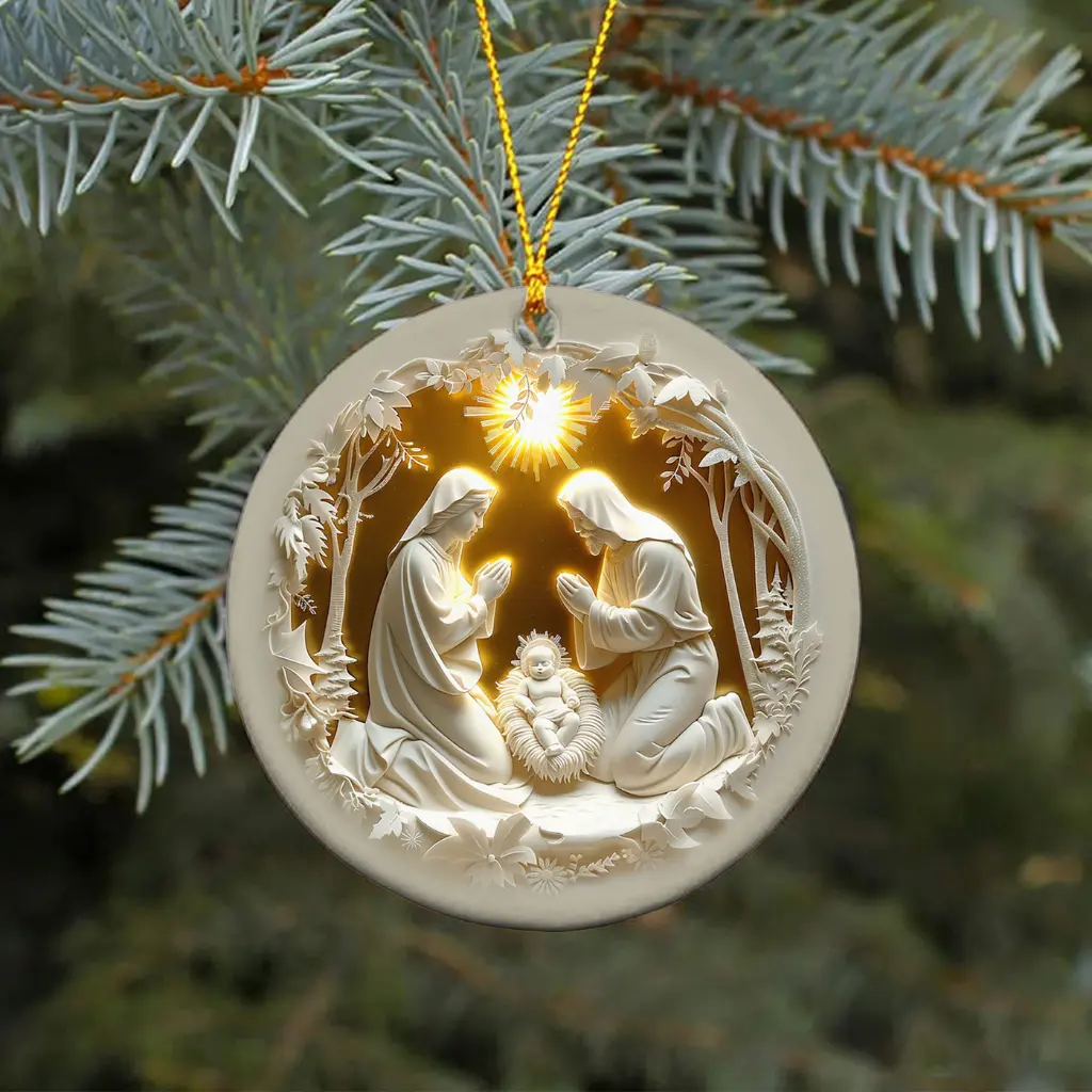 Christian Christmas Decor | Nativity Scene Ornament in Faux Stained Ceramic | Holy Family Tree Hanger & Religious Gift - Image 4