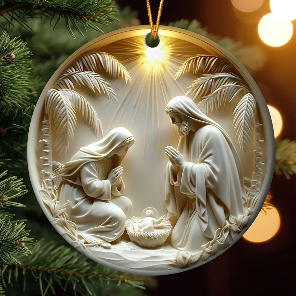 Christian Faith Ornament, Ceramic Nativity Scene | Religious Christmas Gift with Scripture | Holy Family Tree Decor