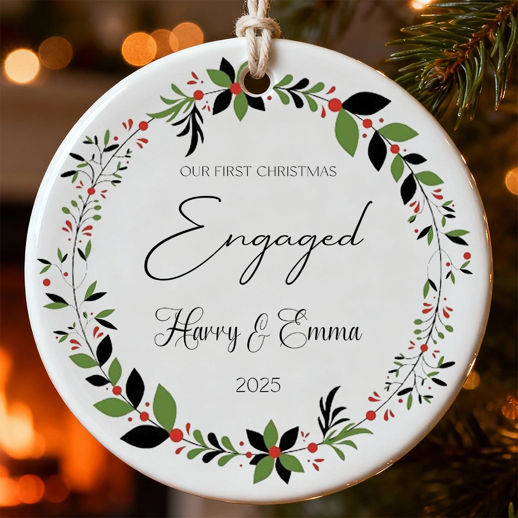 Custom Christmas Berries Engagement Ornament | Personalized Couple Name & Year Gift | Festive Engaged Keepsake