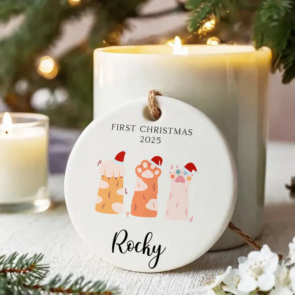 Custom Cat First Christmas Paw Print Ornament | Personalized Round Keepsake | Unique Christmas Decoration - Image 5