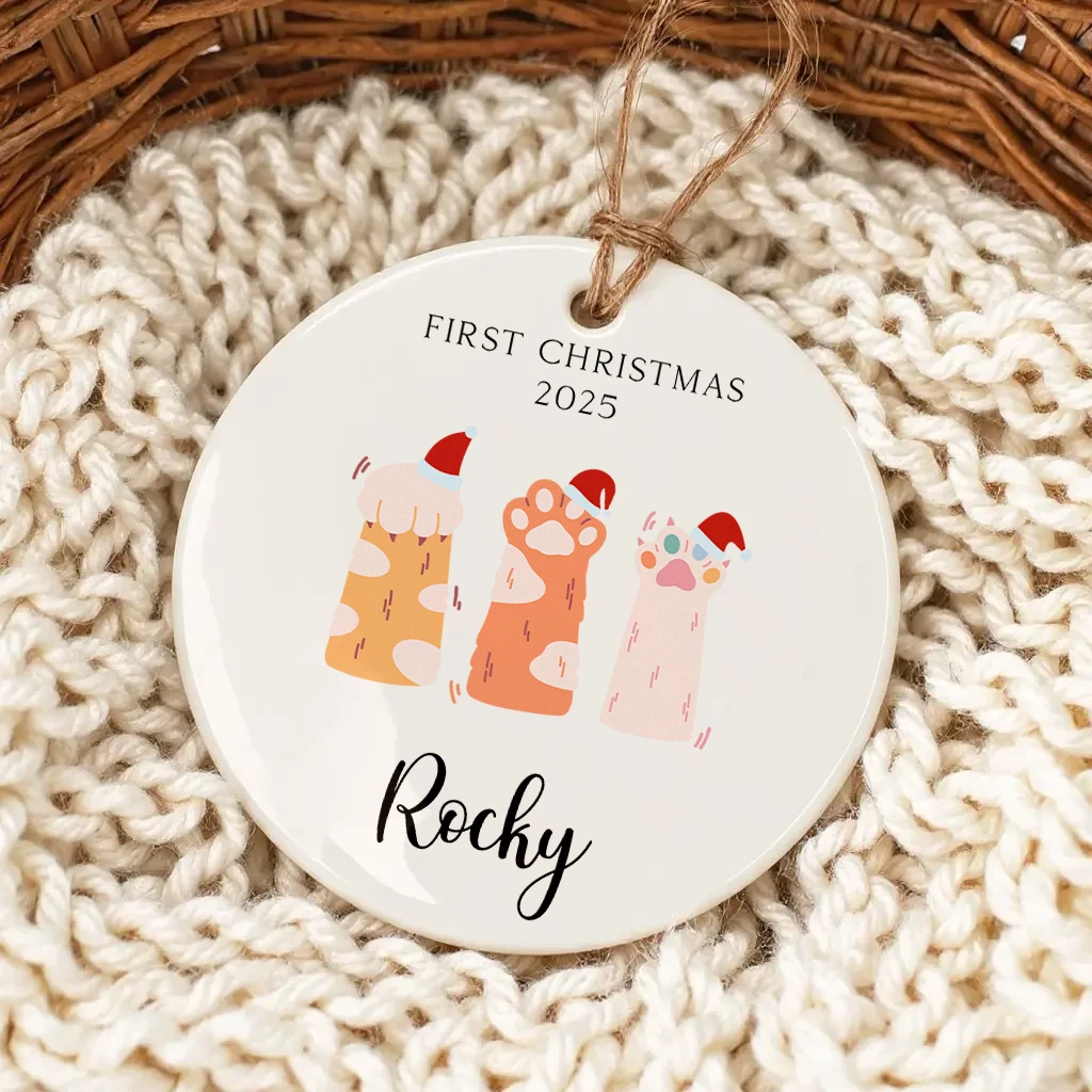 Custom Cat First Christmas Paw Print Ornament | Personalized Round Keepsake | Unique Christmas Decoration - Image 6