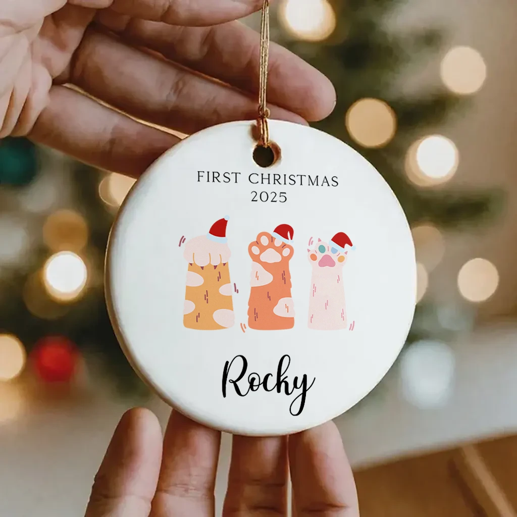 Custom Cat First Christmas Paw Print Ornament | Personalized Round Keepsake | Unique Christmas Decoration - Image 4