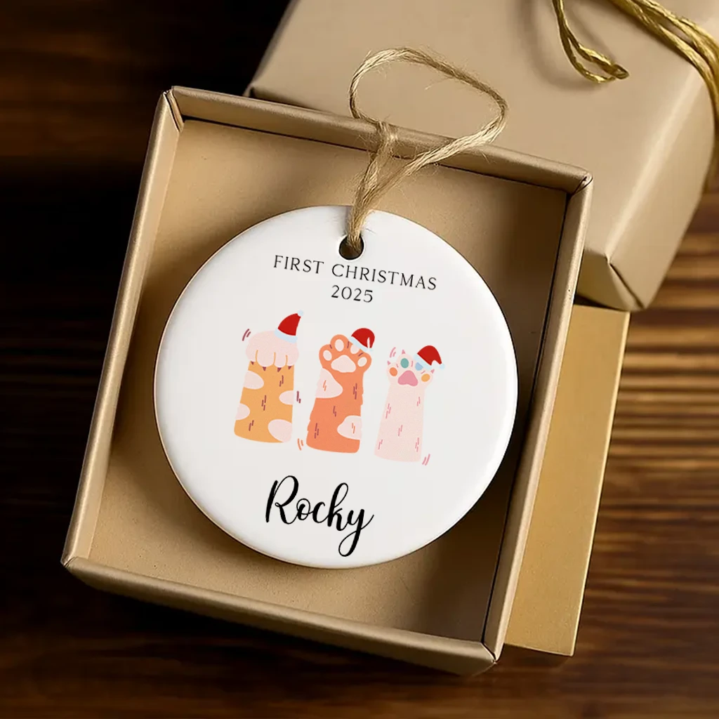 Custom Cat First Christmas Paw Print Ornament | Personalized Round Keepsake | Unique Christmas Decoration - Image 3