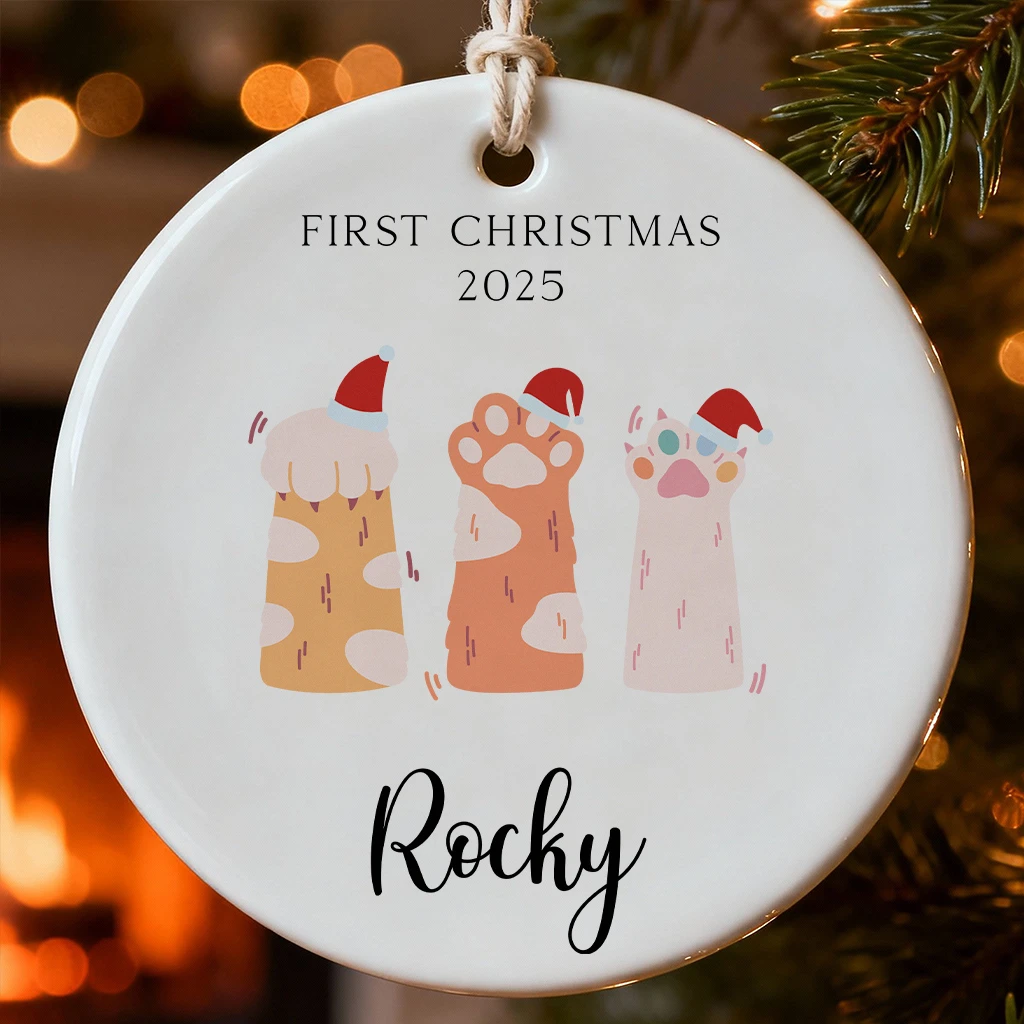 Custom Cat First Christmas Paw Print Ornament | Personalized Round Keepsake | Unique Christmas Decoration