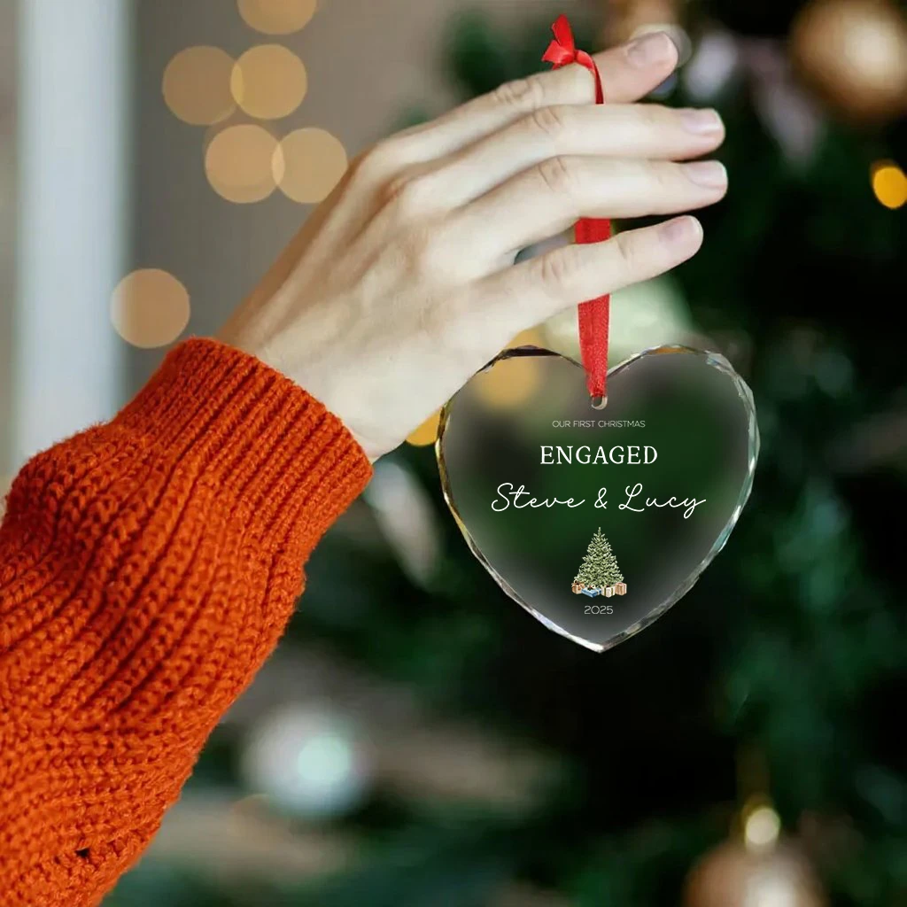 Custom Crystal Engaged Ornament | Personalized Names & Date Gift | Clear Heart Christmas Keepsake 2025 - Image 4