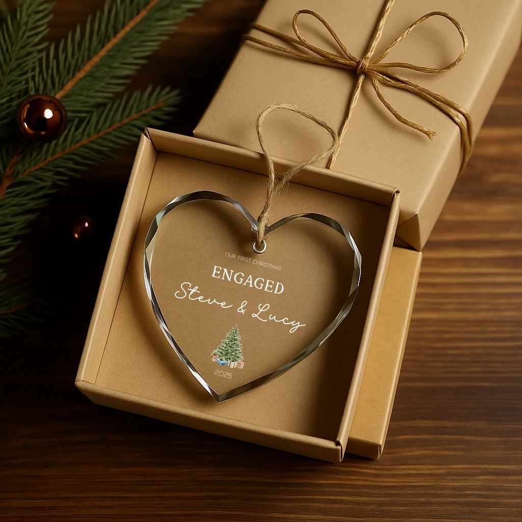 Custom Crystal Engaged Ornament | Personalized Names & Date Gift | Clear Heart Christmas Keepsake 2025 - Image 3