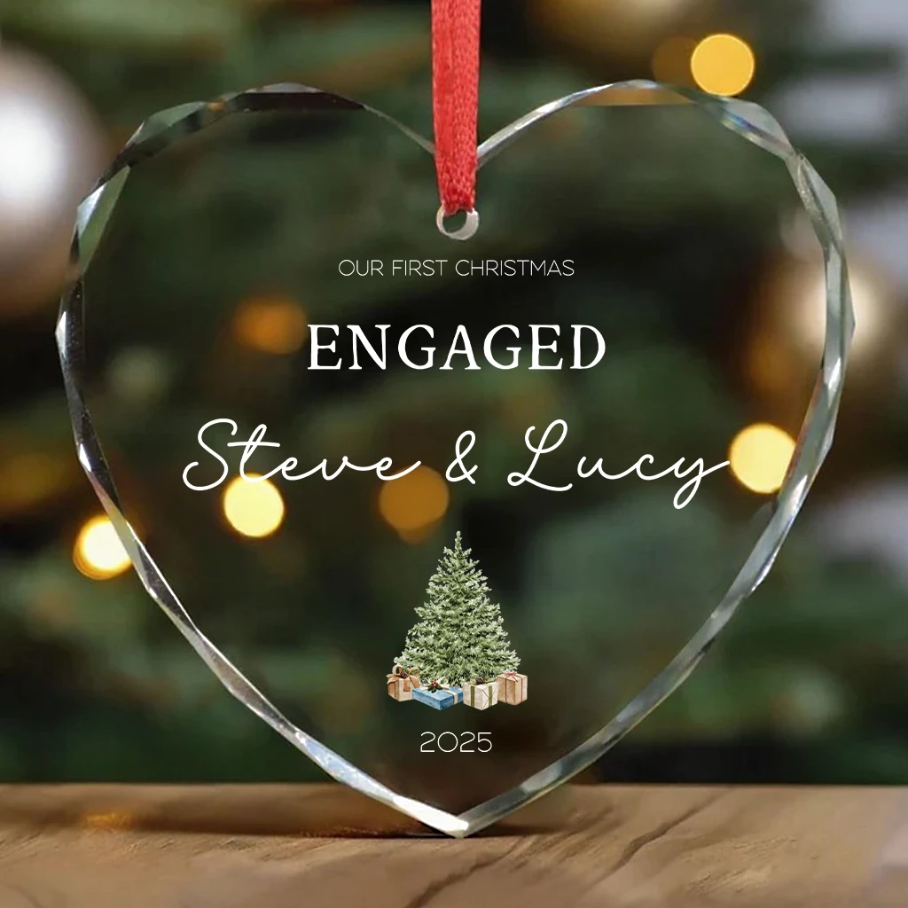 Custom Crystal Engaged Ornament | Personalized Names & Date Gift | Clear Heart Christmas Keepsake 2025