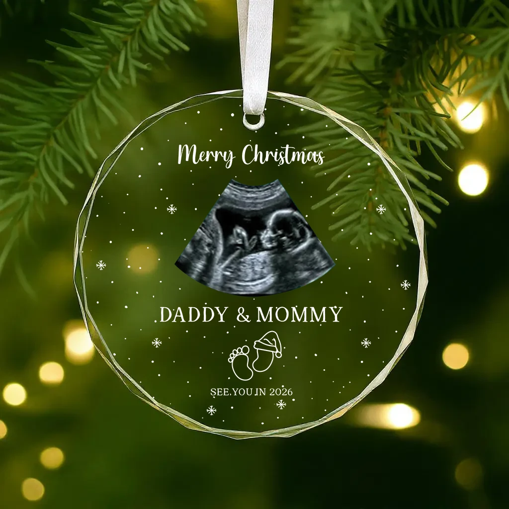 Custom Due Date Ultrasound Ornament, Personalized Crystal Baby Keepsake, Merry Christmas Pregnancy Reveal Gift for Mommy and Daddy