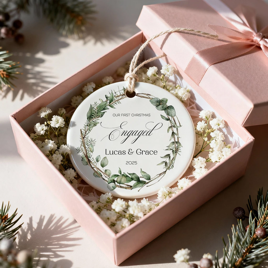 Custom Eucalyptus Engagement Ornament | Personalized Couple Name & Year Gift | First Christmas Engaged Decor - Image 7