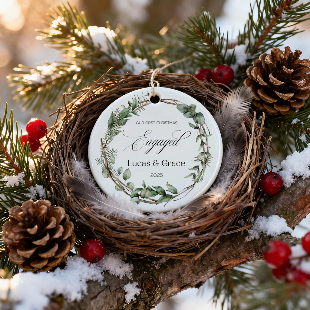 Custom Eucalyptus Engagement Ornament | Personalized Couple Name & Year Gift | First Christmas Engaged Decor - Image 6