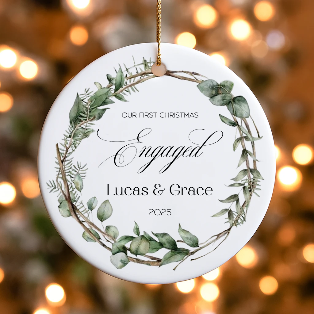 Custom Eucalyptus Engagement Ornament | Personalized Couple Name & Year Gift | First Christmas Engaged Decor - Image 5