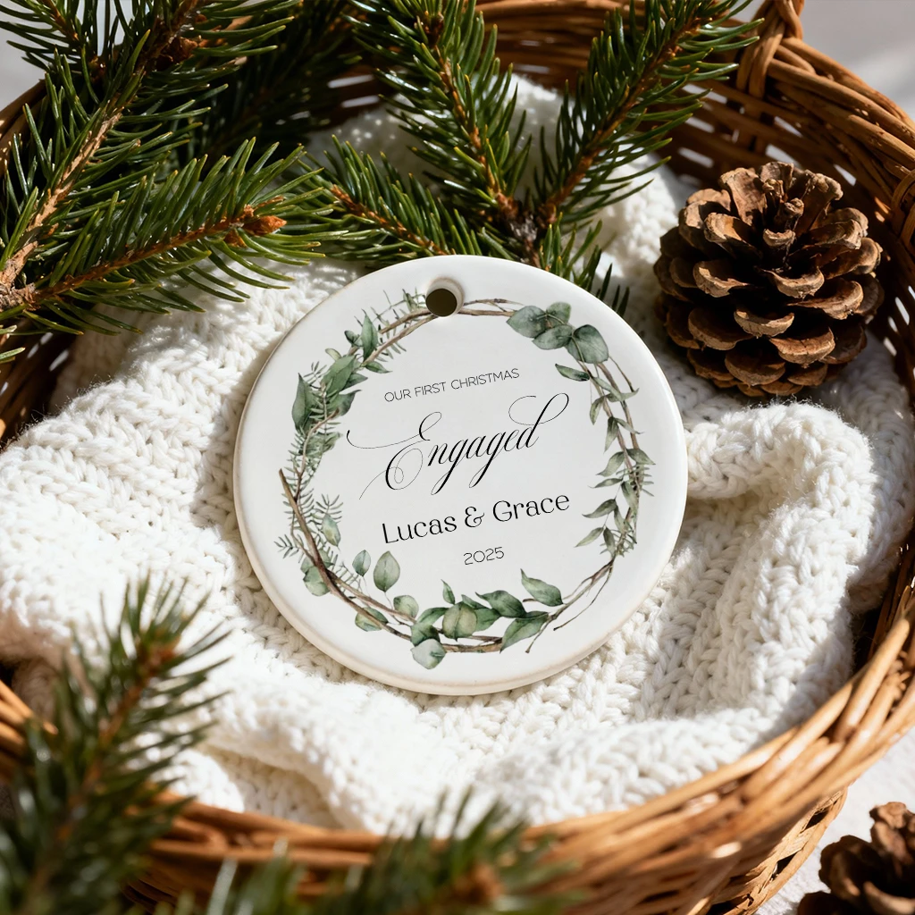 Custom Eucalyptus Engagement Ornament | Personalized Couple Name & Year Gift | First Christmas Engaged Decor - Image 4
