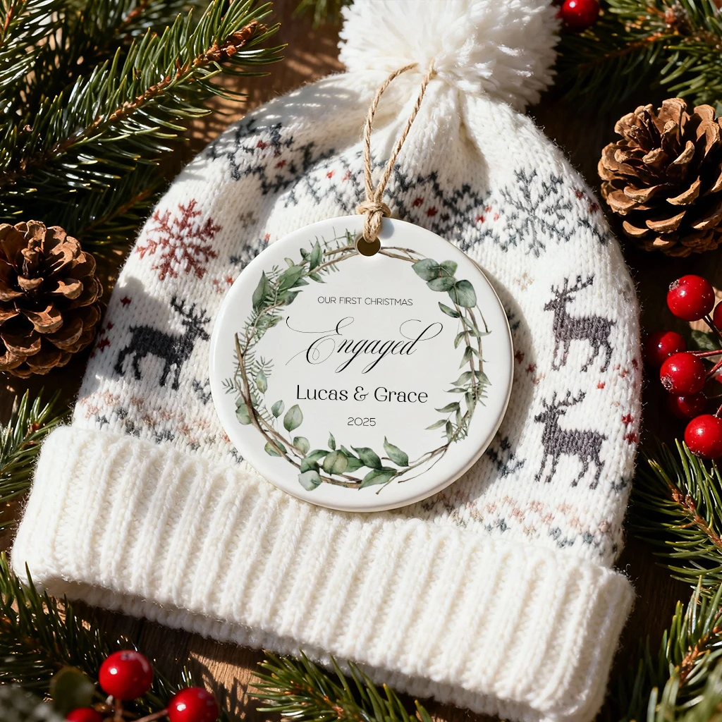 Custom Eucalyptus Engagement Ornament | Personalized Couple Name & Year Gift | First Christmas Engaged Decor - Image 3