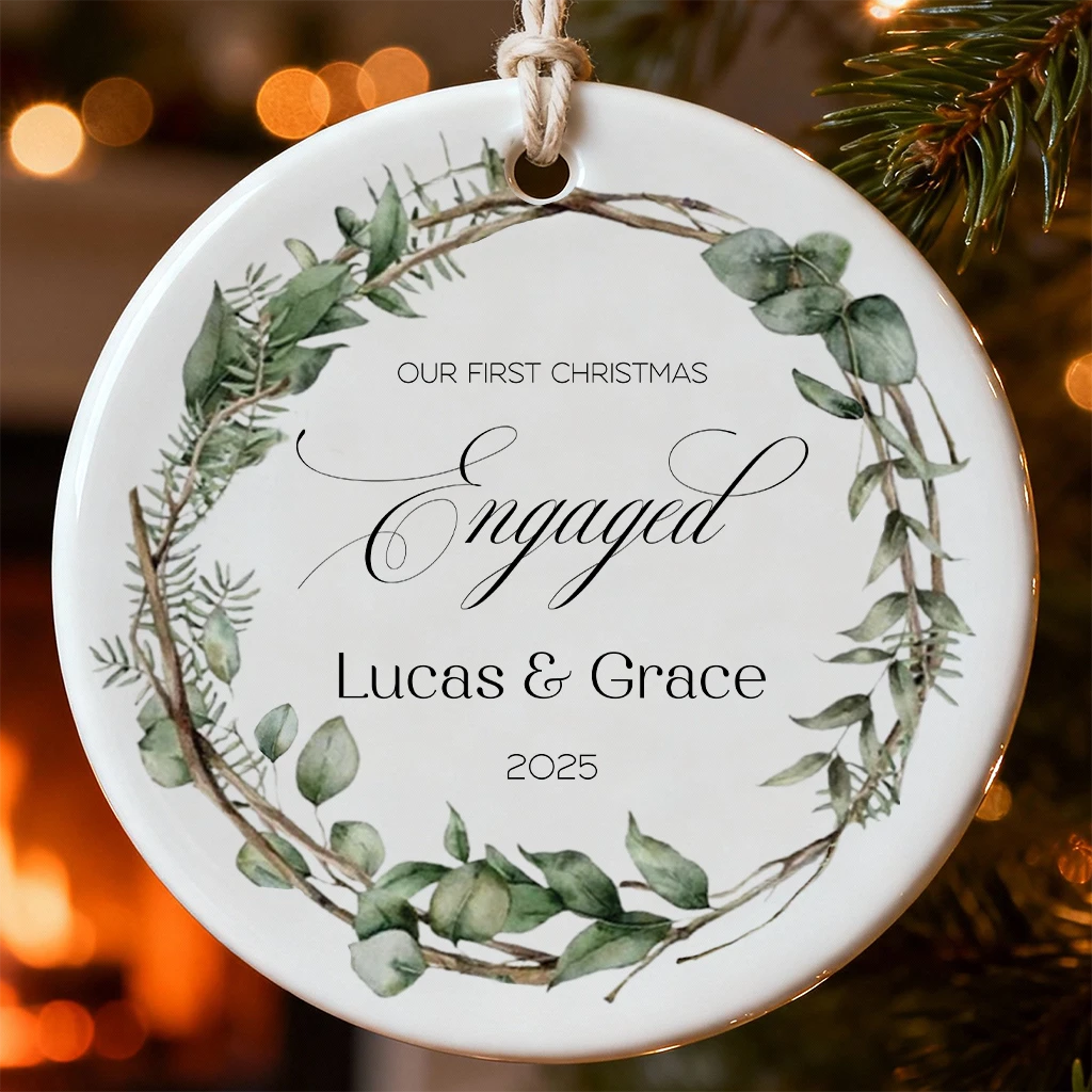 Custom Eucalyptus Engagement Ornament | Personalized Couple Name & Year Gift | First Christmas Engaged Decor
